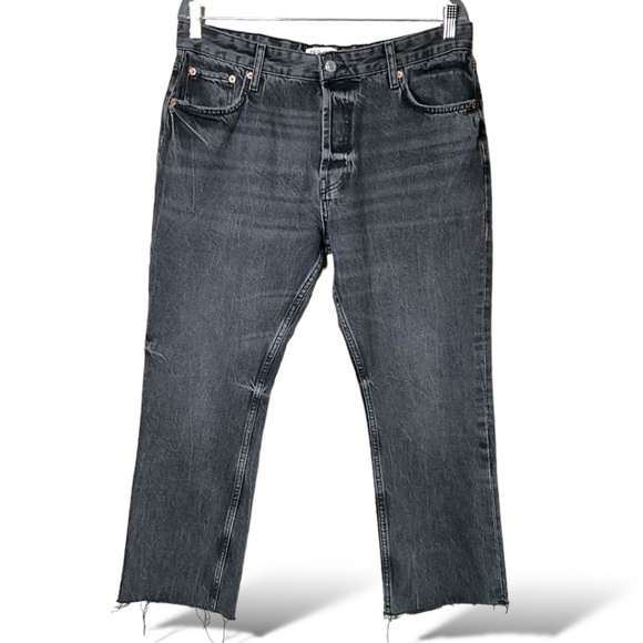 ZARA 100% Cotton Black Washed Cropped Jeans Raw Hem Straight Leg Button Fly  34 - Picture 1 of 10